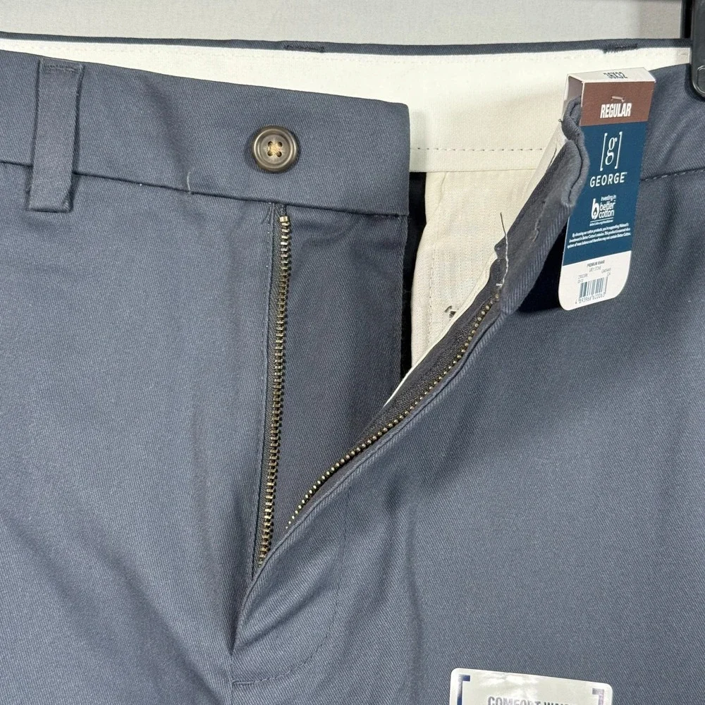NWT George Men Flat‎ Front Wrinkle Resistant 36x32 Regular Fit Navy Blue Stretch